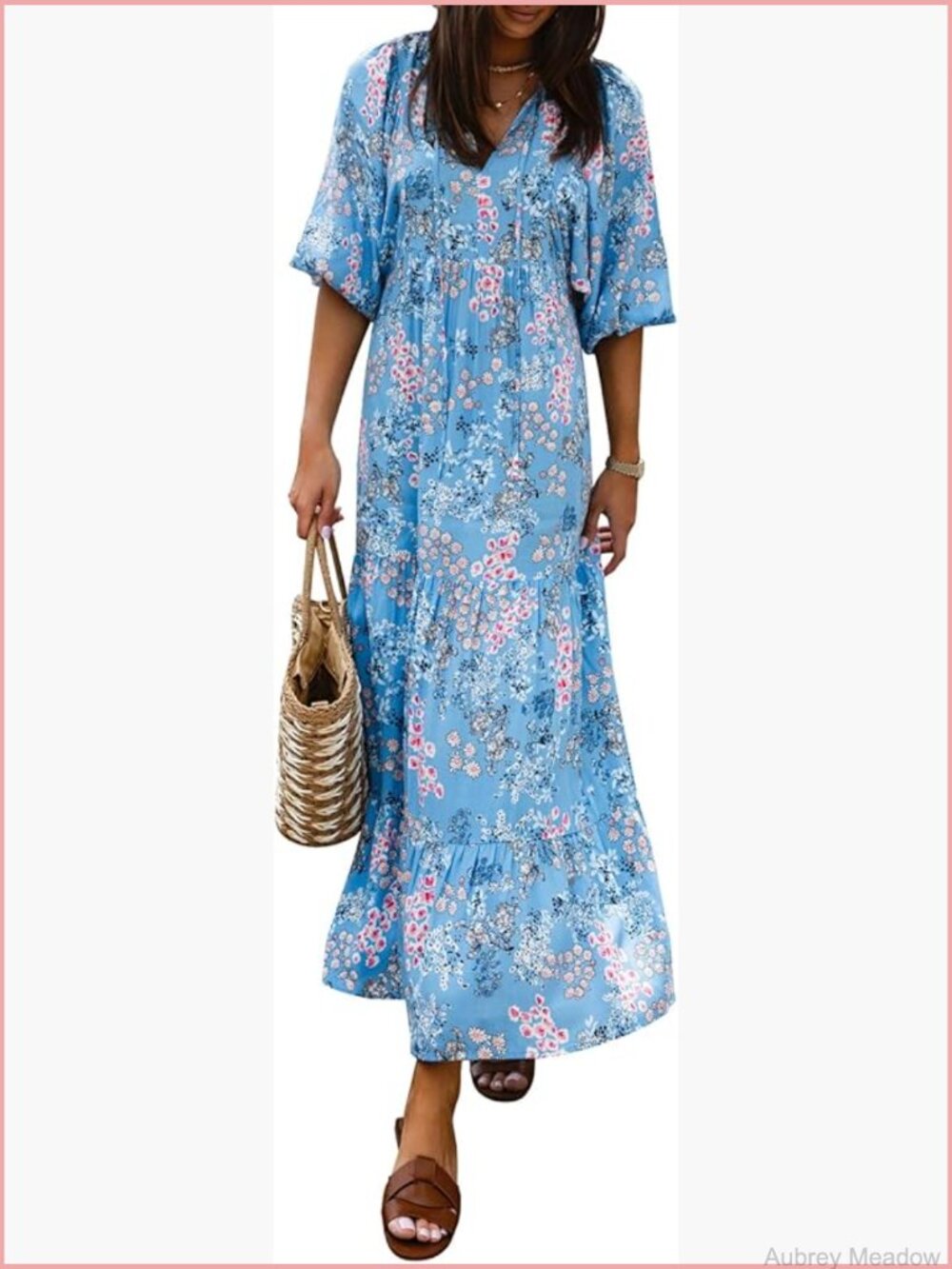 Loose Fit V Neck Half Sleeve Bohemian Geometric Pattern Maxi Dress